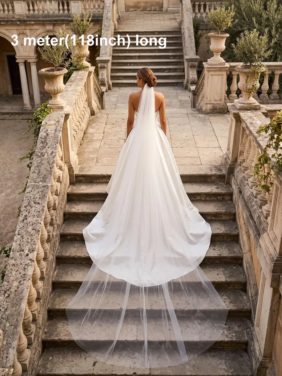 EllieWely 1 Tier Plain Tulle Wedding Bridal Veil Ivory 3M | Classic Elegant Bridal Accessory - view 3