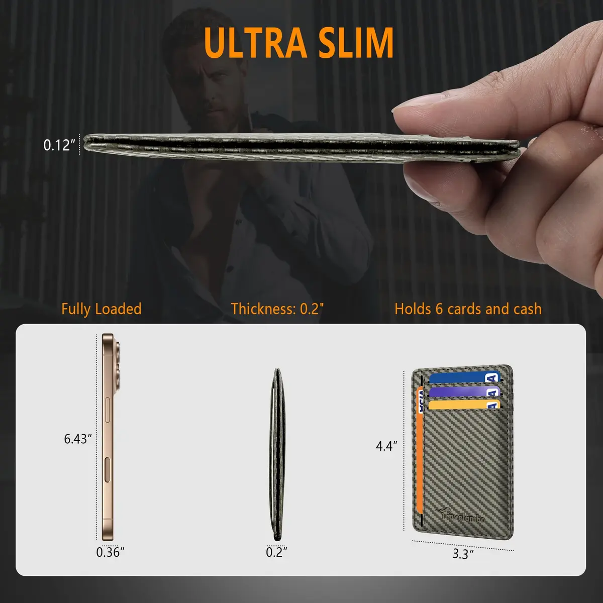 Travelambo Slim Minimalist Wallet for Men, RFID Blocking Credit Card Holder, Front Pocket ID Card Case, Gray | 0.3 cm (0.12") Thick - view 3
