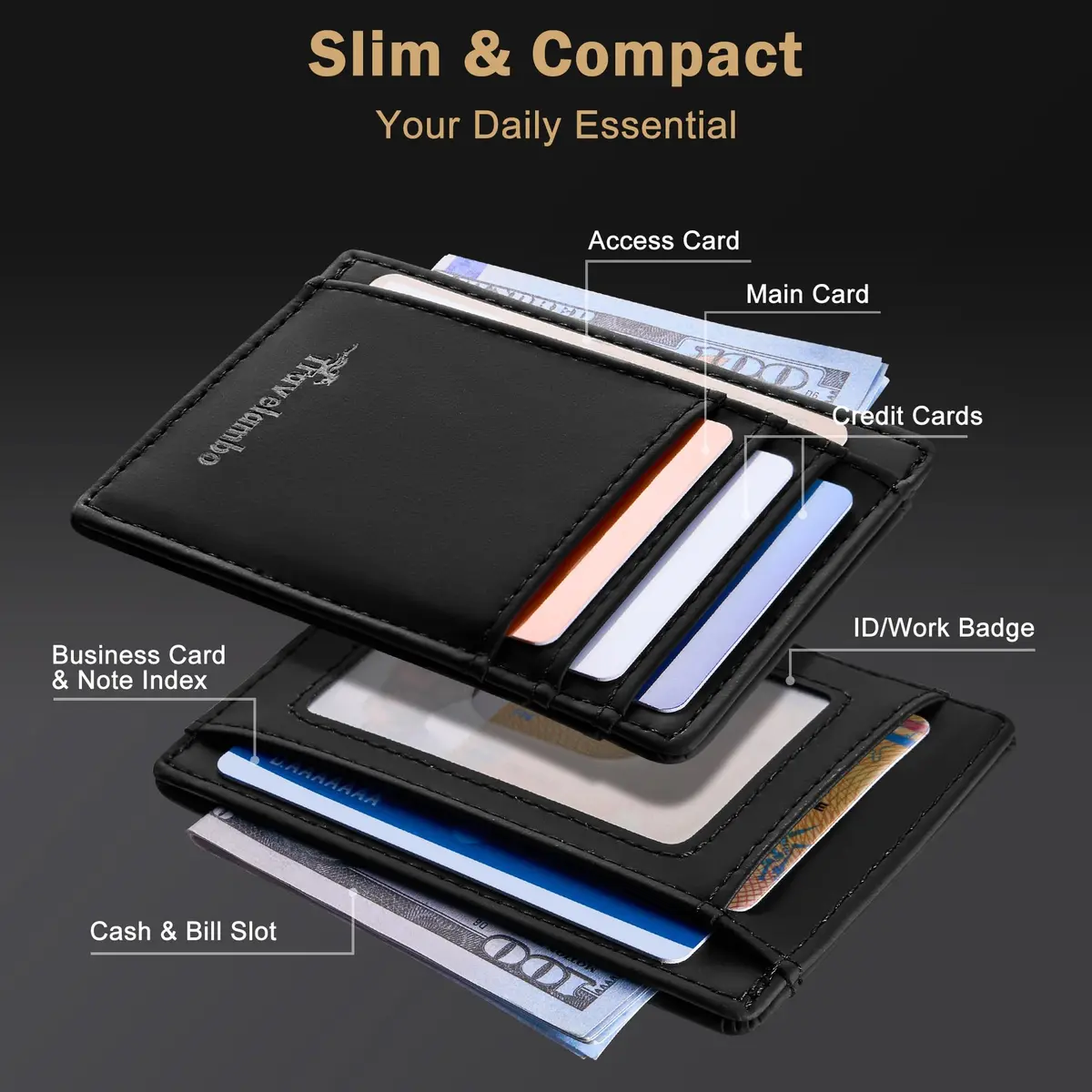 Travelambo Slim Wallet Front Pocket Minimalist Leather RFID Blocking 0.12 inch Thick - view 3