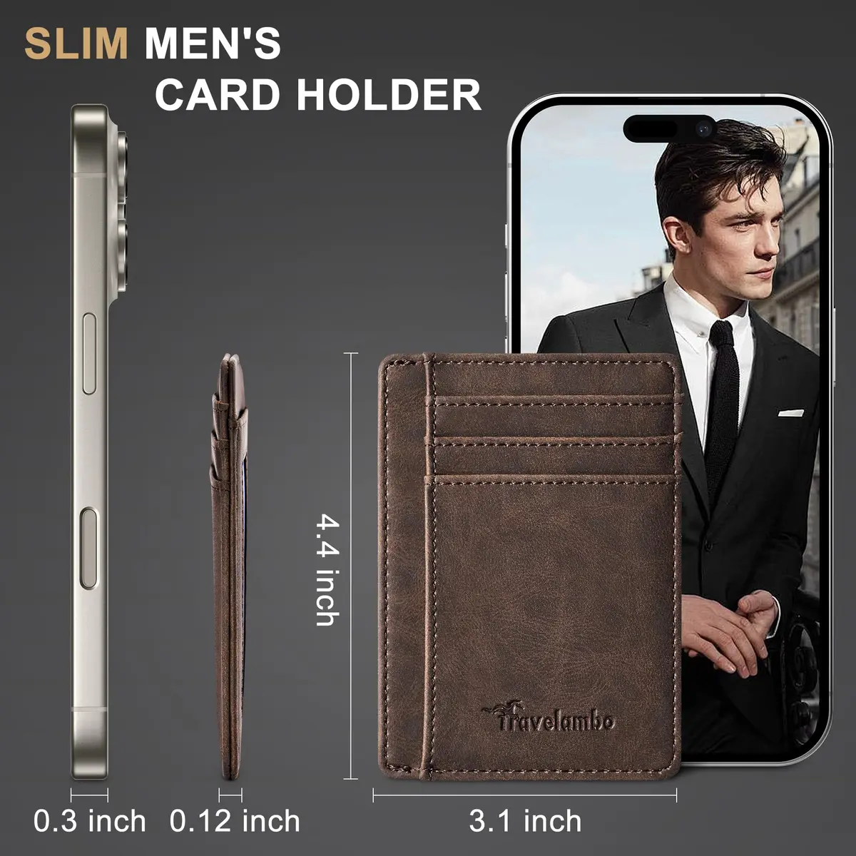 Travelambo Slim Leather Wallet Front Pocket RFID Blocking 0.12" (3.1" x 4.4" x 0.12") | Minimalist Card Holder for Men - view 5