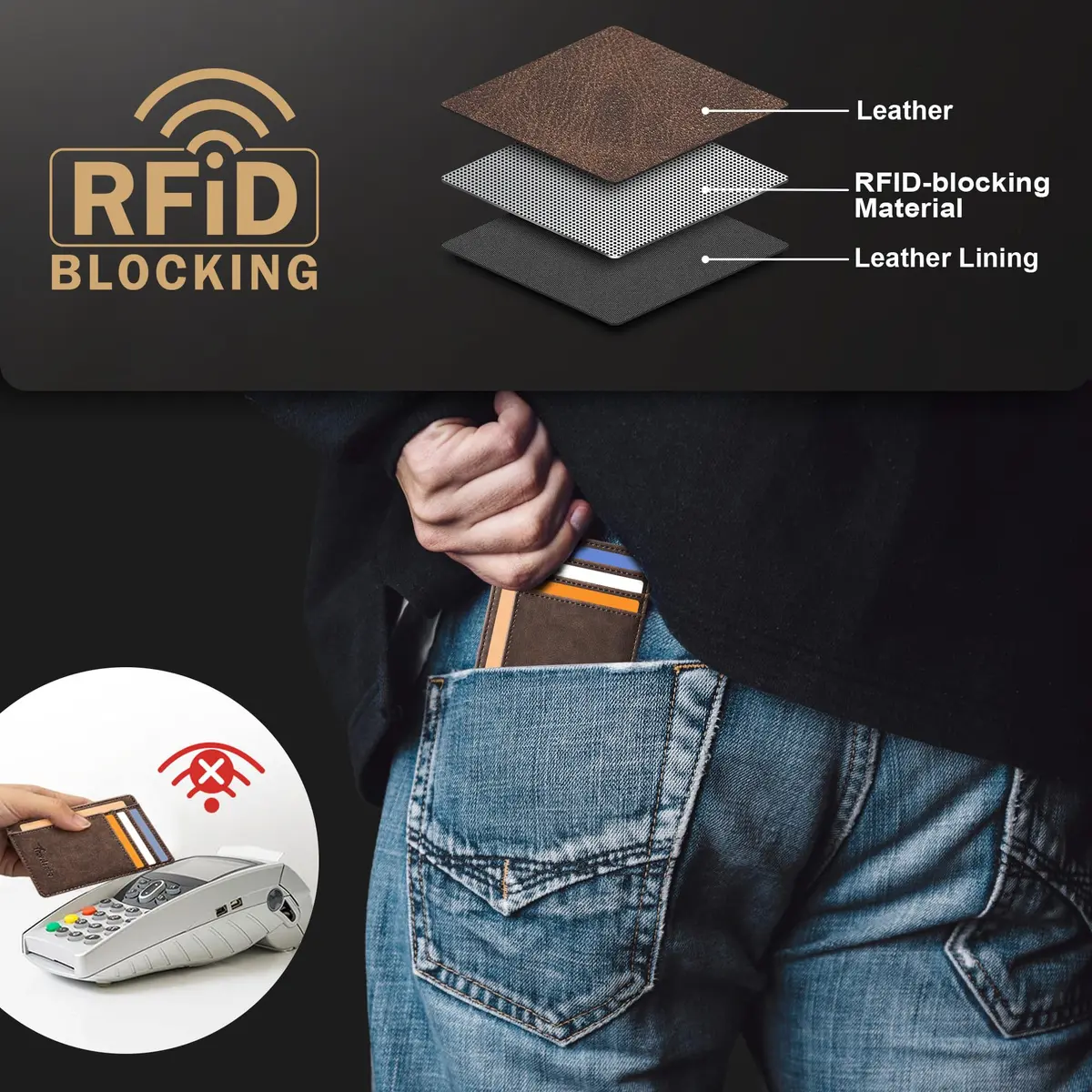 Travelambo Slim Leather Wallet Front Pocket RFID Blocking 0.12" (3.1" x 4.4" x 0.12") | Minimalist Card Holder for Men - view 6