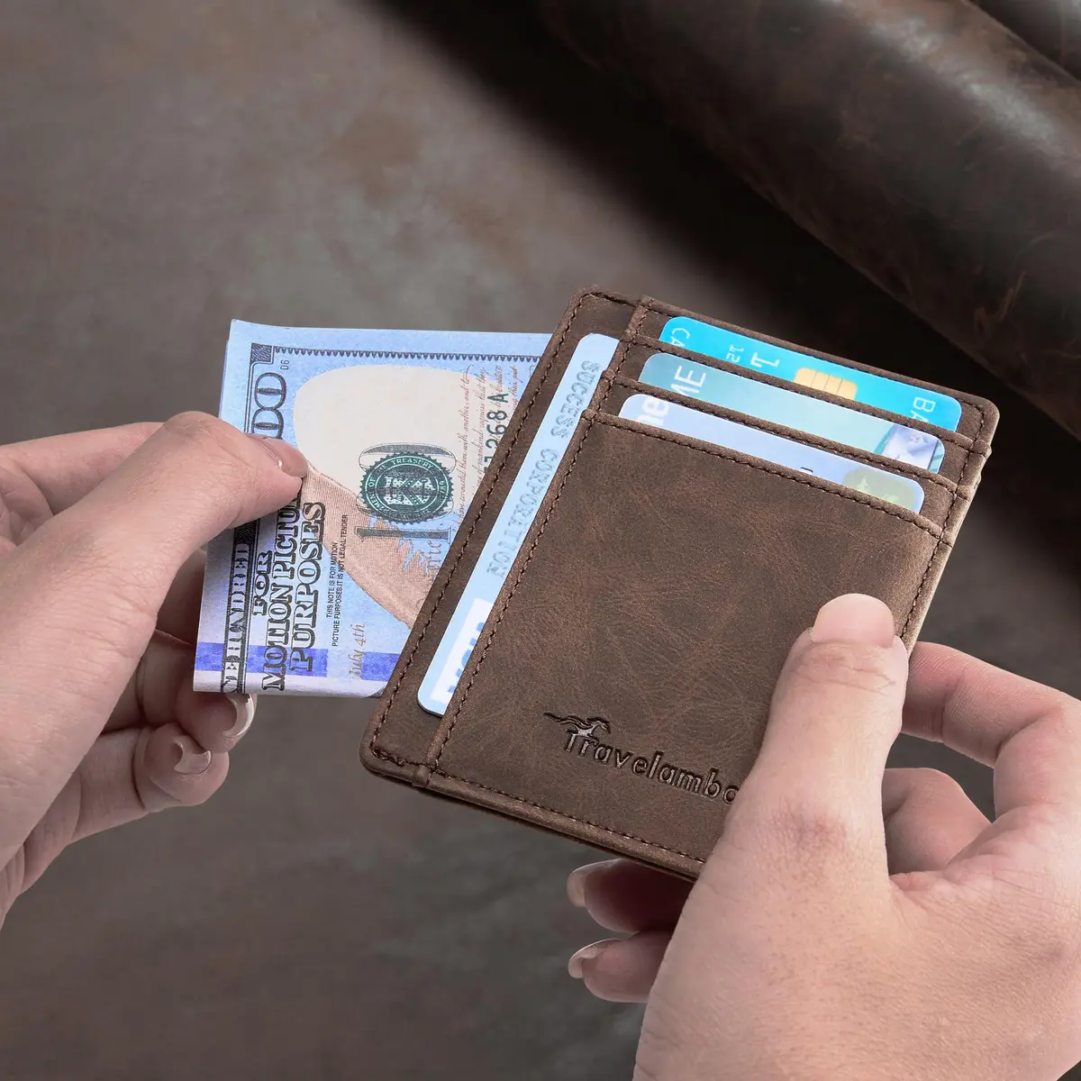 Travelambo Slim Leather Wallet Front Pocket RFID Blocking 0.12" (3.1" x 4.4" x 0.12") | Minimalist Card Holder for Men - view 3