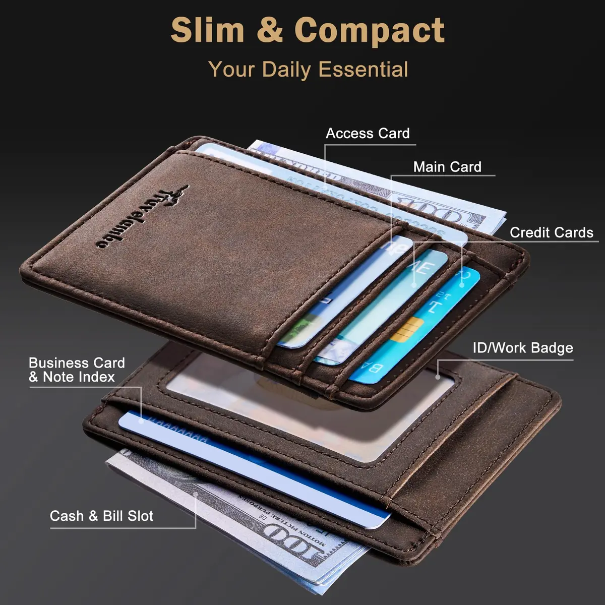 Travelambo Slim Leather Wallet Front Pocket RFID Blocking 0.12" (3.1" x 4.4" x 0.12") | Minimalist Card Holder for Men - view 4