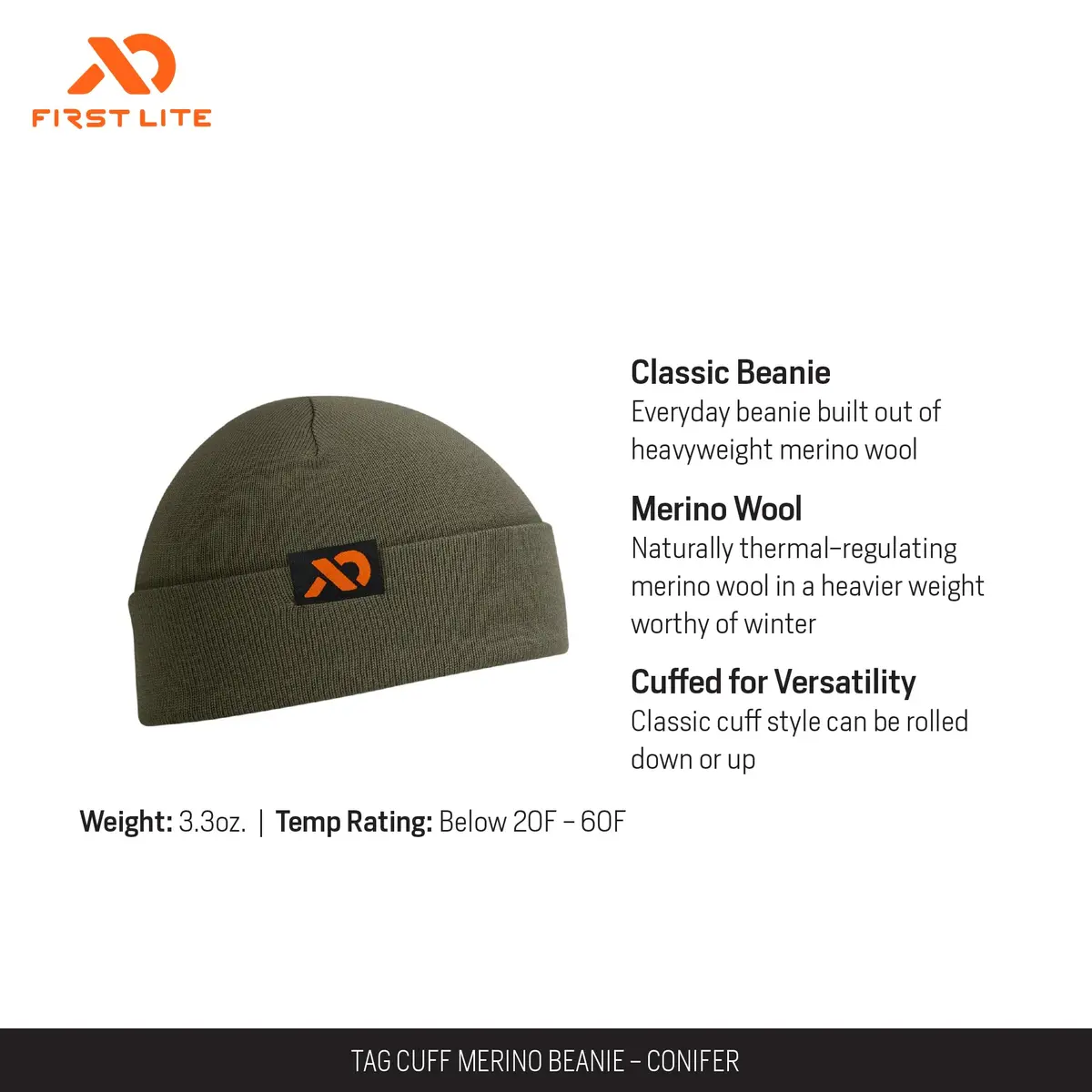 First Lite Tag Cuff Merino Wool Beanie | Conifer | One Size | Heavyweight thermal regulation - view 2