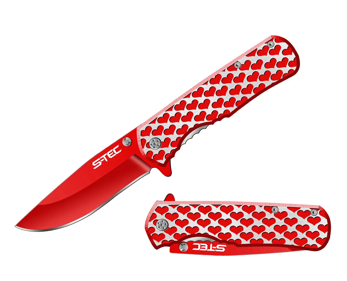 S-TEC 8" Valentine's Hearts Spring Assisted Folding Pocket Knife (Red) | Heart-Shaped Aluminum Handle - main product image
