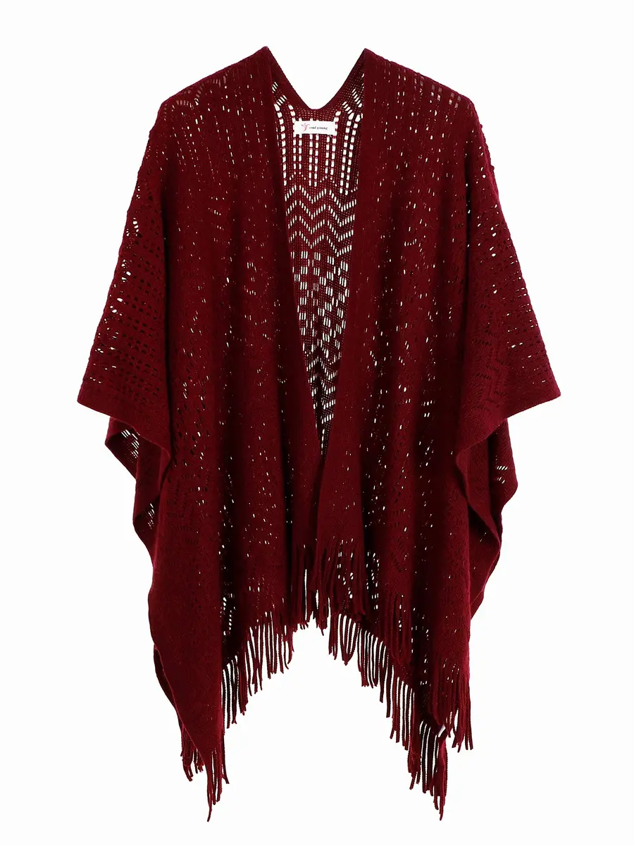 sy soul young Knit Shawl Wrap for Women Ladies Fringe Poncho Cape One Size Burgundy | Casual Loose Winter Summer - main product image