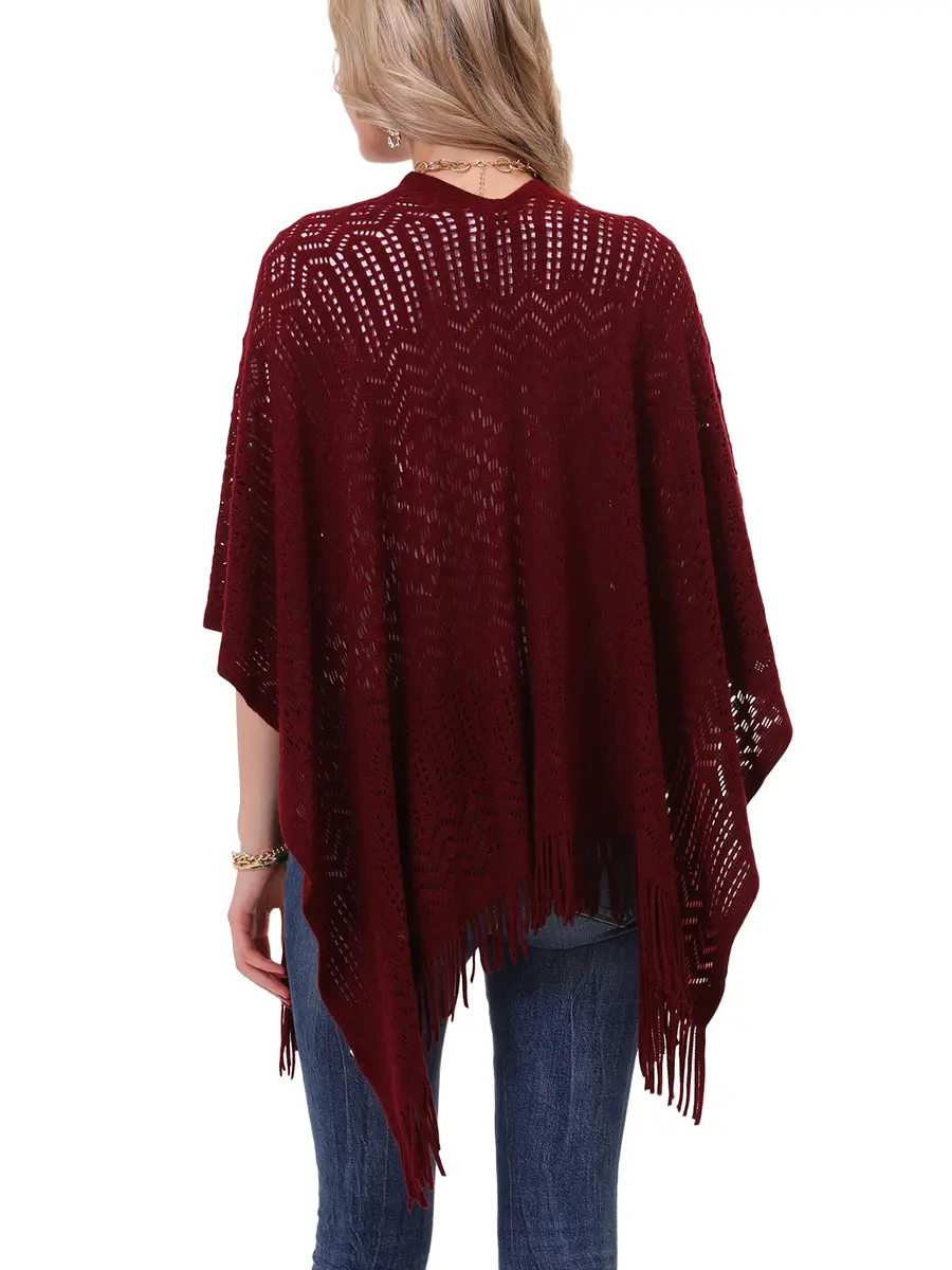 sy soul young Knit Shawl Wrap for Women Ladies Fringe Poncho Cape One Size Burgundy | Casual Loose Winter Summer - view 5