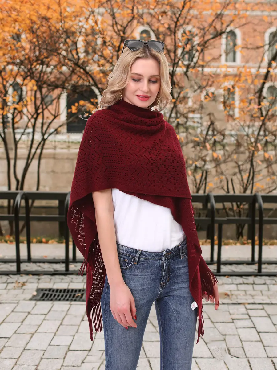 sy soul young Knit Shawl Wrap for Women Ladies Fringe Poncho Cape One Size Burgundy | Casual Loose Winter Summer - view 6