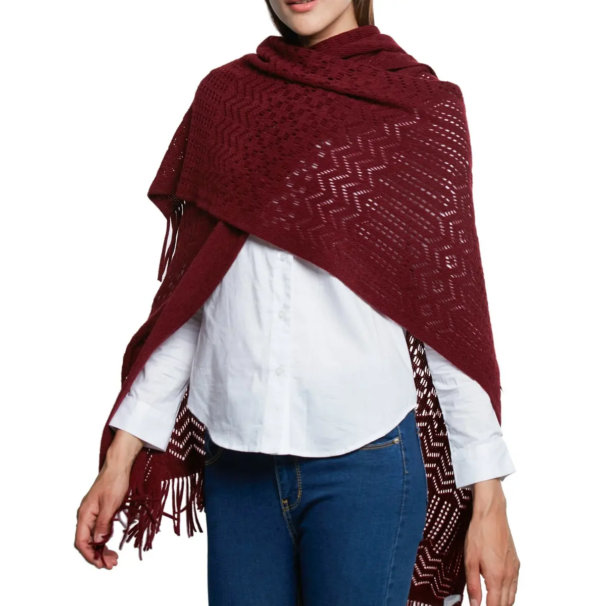 sy soul young Knit Shawl Wrap for Women Ladies Fringe Poncho Cape One Size Burgundy | Casual Loose Winter Summer - view 8