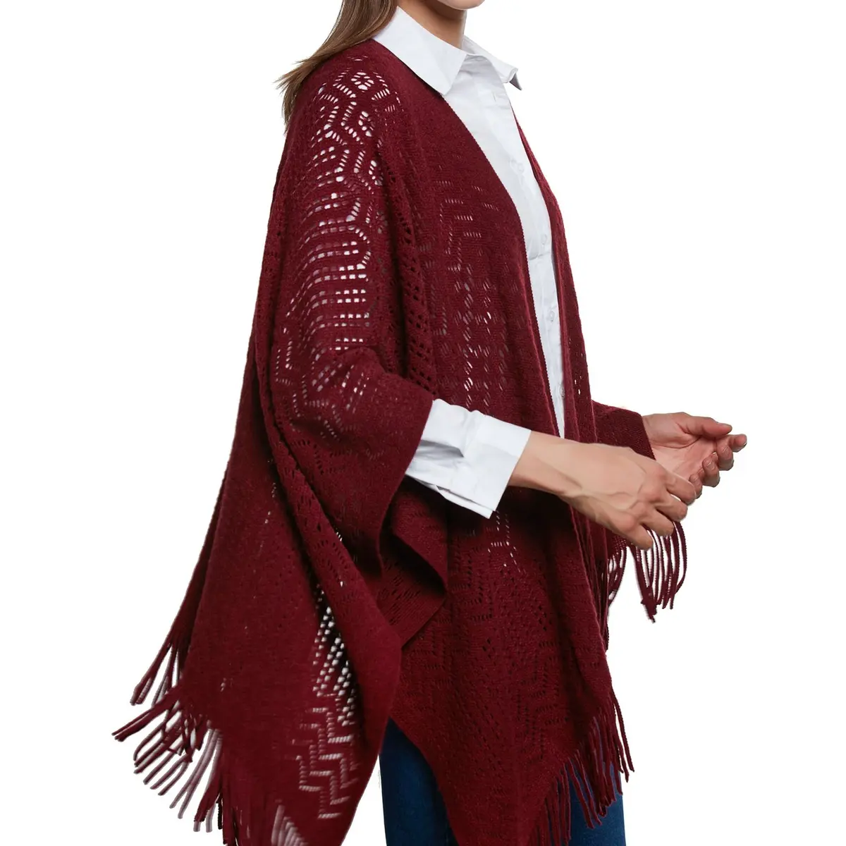 sy soul young Knit Shawl Wrap for Women Ladies Fringe Poncho Cape One Size Burgundy | Casual Loose Winter Summer - view 9