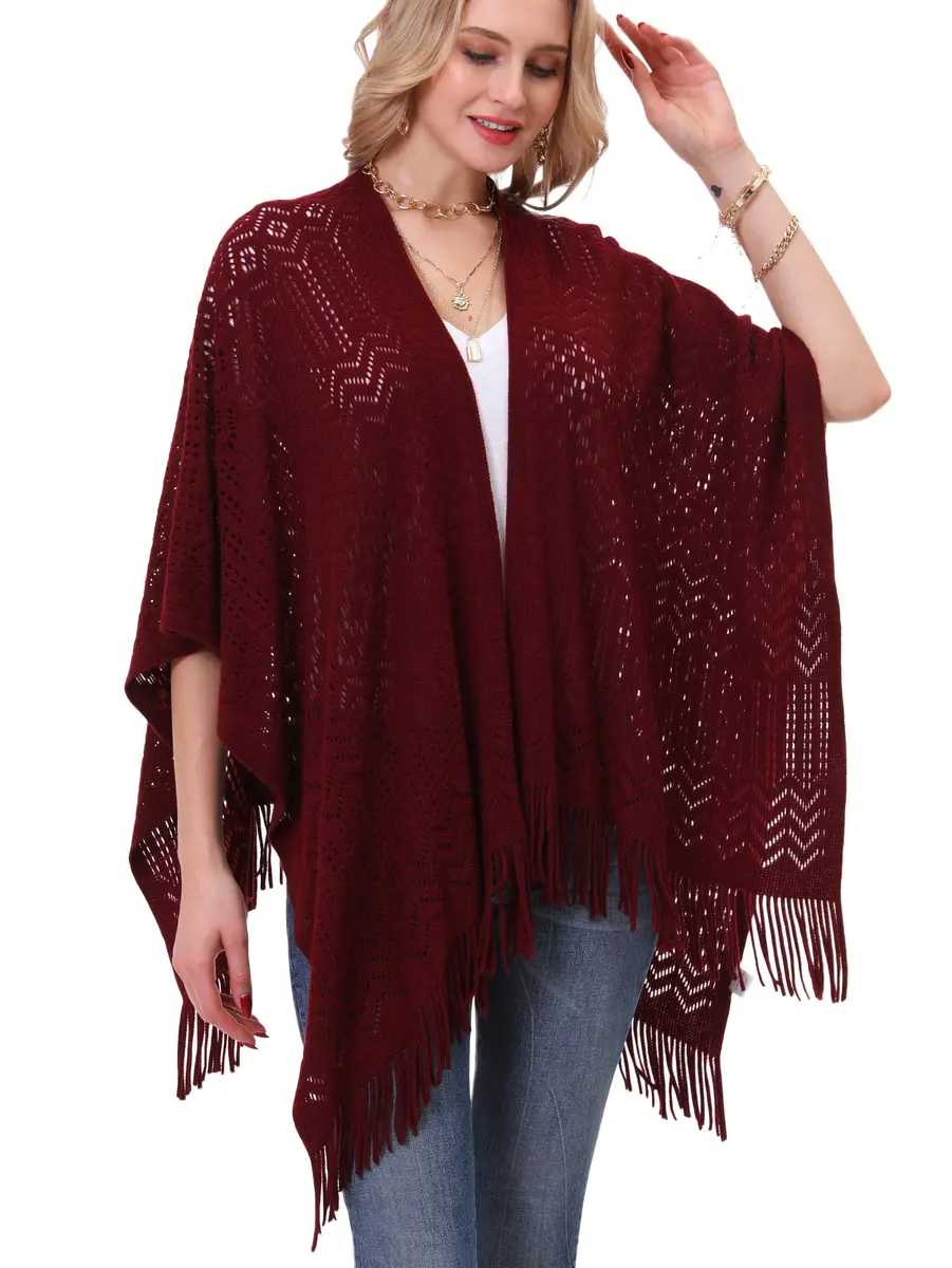 sy soul young Knit Shawl Wrap for Women Ladies Fringe Poncho Cape One Size Burgundy | Casual Loose Winter Summer - view 2