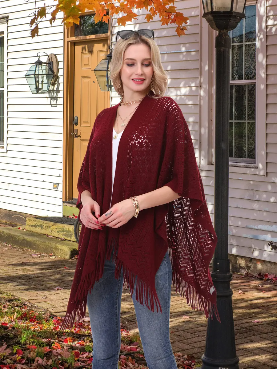 sy soul young Knit Shawl Wrap for Women Ladies Fringe Poncho Cape One Size Burgundy | Casual Loose Winter Summer - view 3