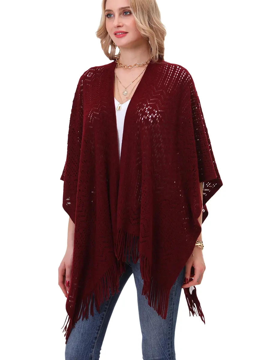 sy soul young Knit Shawl Wrap for Women Ladies Fringe Poncho Cape One Size Burgundy | Casual Loose Winter Summer - view 4