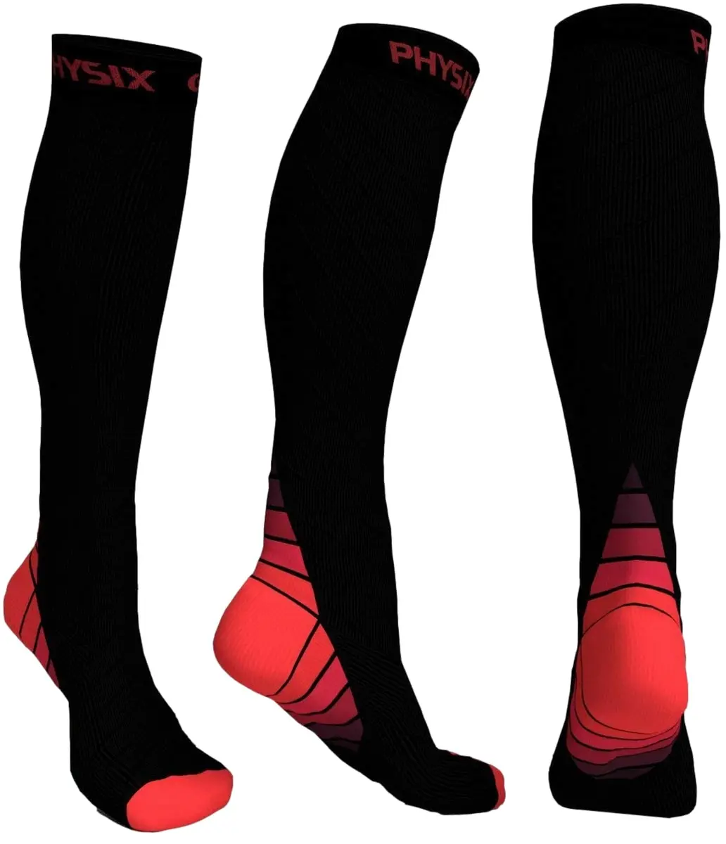 Physix Gear Sport Compression Socks Black/Red L/XL | Graduated Compression for Circulation & Travel - main product image