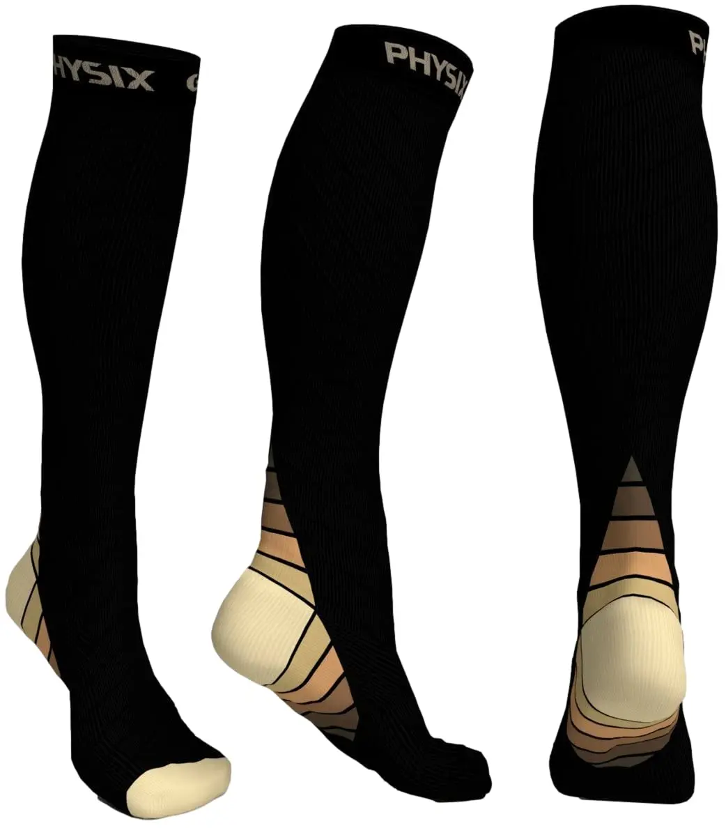 Physix Gear Sport Compression Socks - Graduated Support for Circulation, Swelling, Travel, Nurses, Athletes - Black/Beige, S/M (2-Pack) - main product image