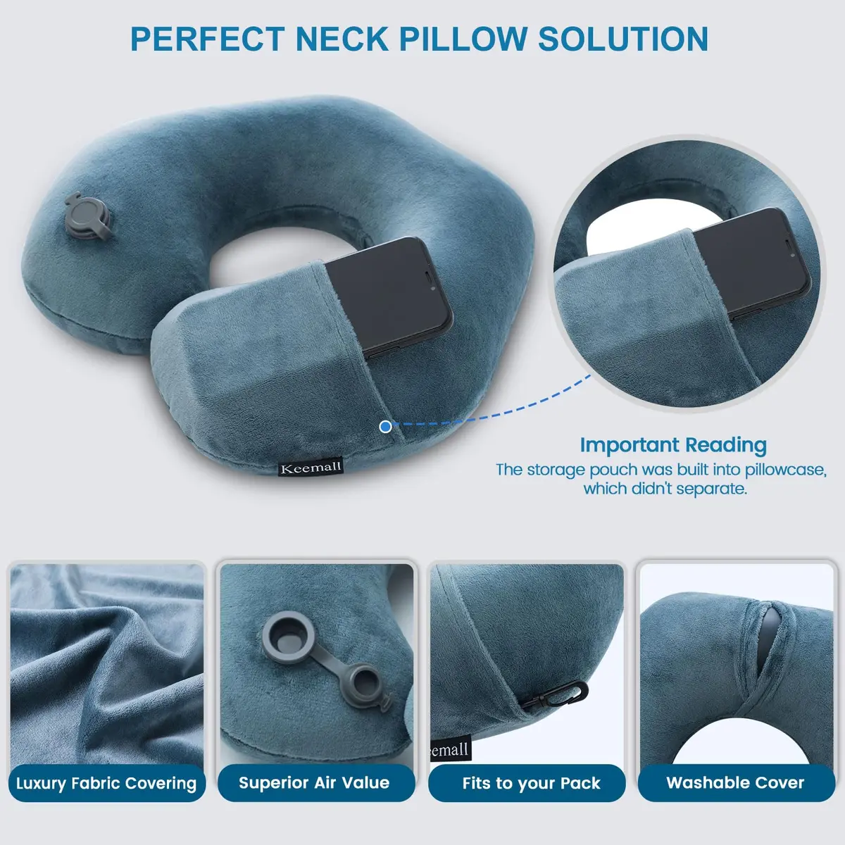 Keemall Portable Inflatable Travel Neck Pillow for Airplane, Car & Office | Micro-Velvet, Ergonomic U-Shape, Washable Cover - view 6