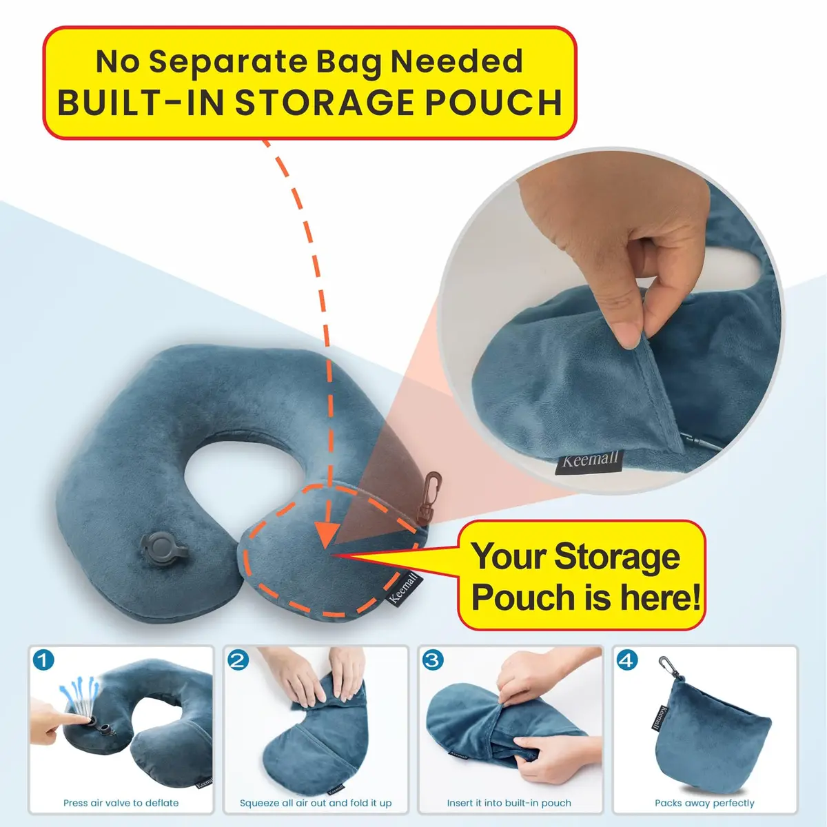 Keemall Portable Inflatable Travel Neck Pillow for Airplane, Car & Office | Micro-Velvet, Ergonomic U-Shape, Washable Cover - view 2
