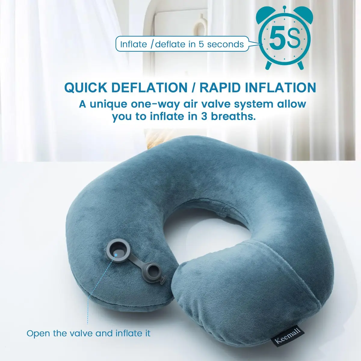 Keemall Portable Inflatable Travel Neck Pillow for Airplane, Car & Office | Micro-Velvet, Ergonomic U-Shape, Washable Cover - view 3