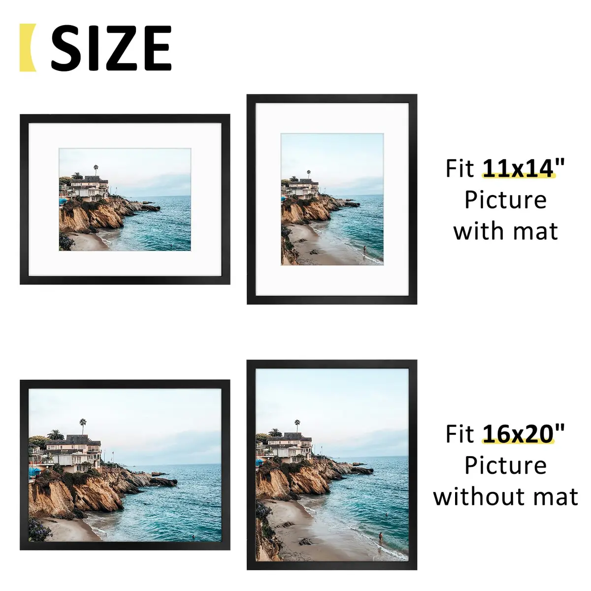 Frametory 16x20 Picture Frame with Mat for 11x14, Real Glass, Black | Modern Wall & Tabletop Decor - view 3