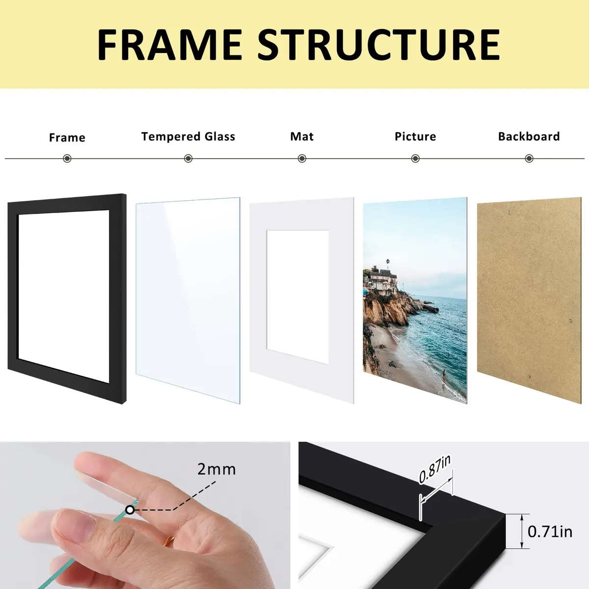Frametory 16x20 Picture Frame with Mat for 11x14, Real Glass, Black | Modern Wall & Tabletop Decor - view 4