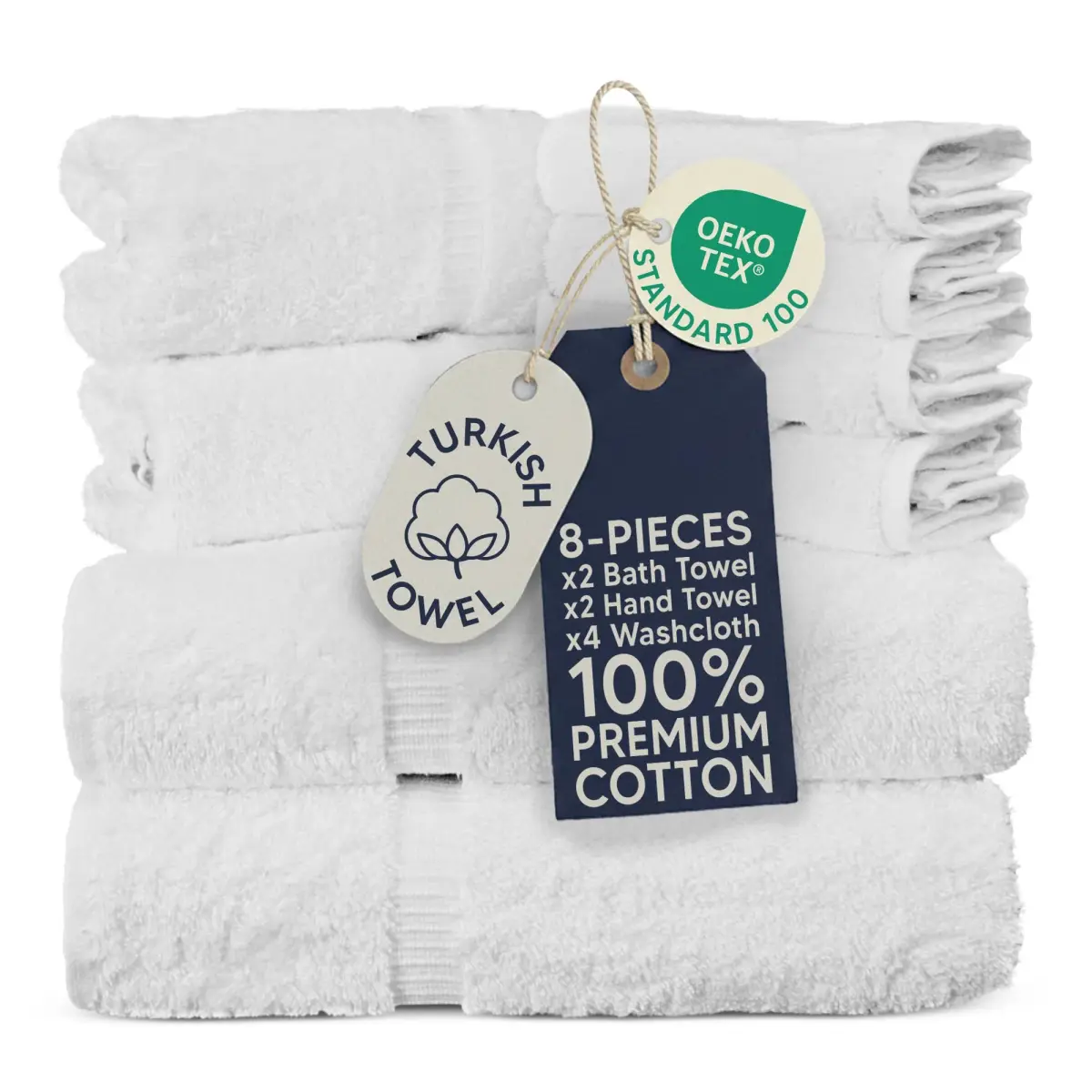 Towel Bazaar 8-Piece Turkish Cotton Towel Set White | 2 Bath (54x27in), 2 Hand (30x16in), 4 Washcloths (13x13in) | Soft, Absorbent, Quick-Dry - main product image