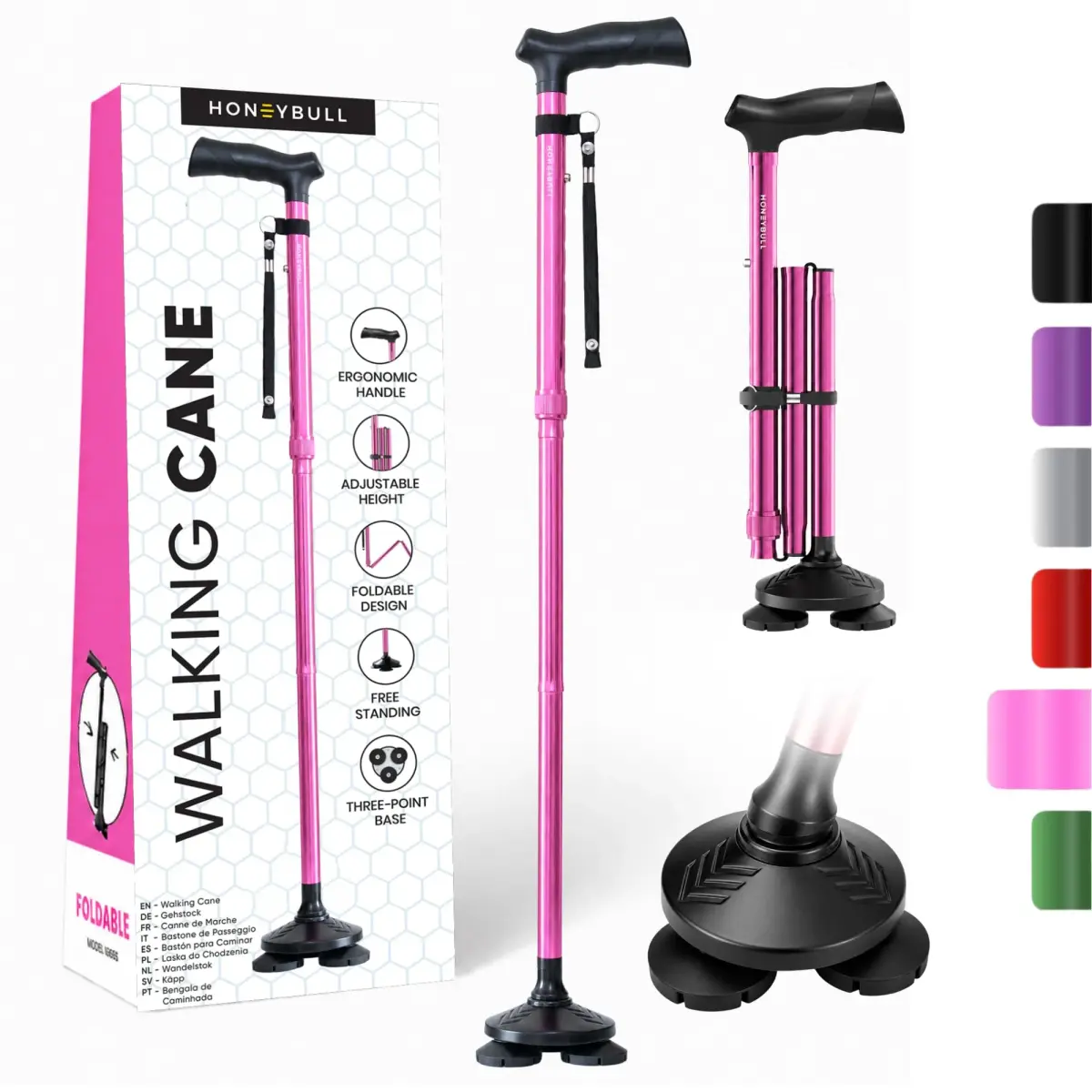 HONEYBULL Foldable Walking Cane with Free Standing Pivot Base, Adjustable Height 78-96cm (30-36 inches) | Supports Seniors and Adults - main product image