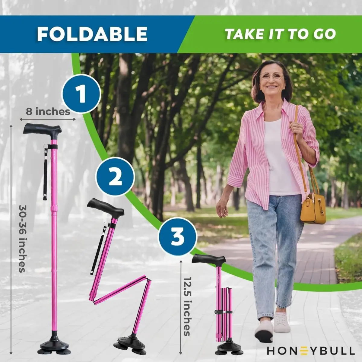 HONEYBULL Foldable Walking Cane with Free Standing Pivot Base, Adjustable Height 78-96cm (30-36 inches) | Supports Seniors and Adults - view 6