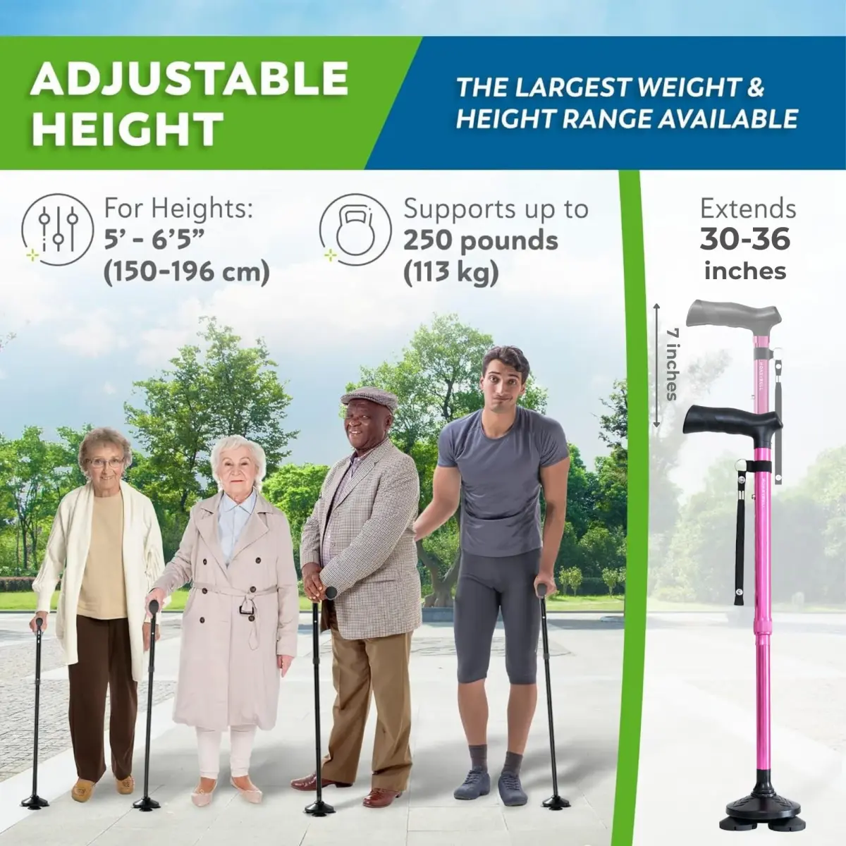 HONEYBULL Foldable Walking Cane with Free Standing Pivot Base, Adjustable Height 78-96cm (30-36 inches) | Supports Seniors and Adults - view 7