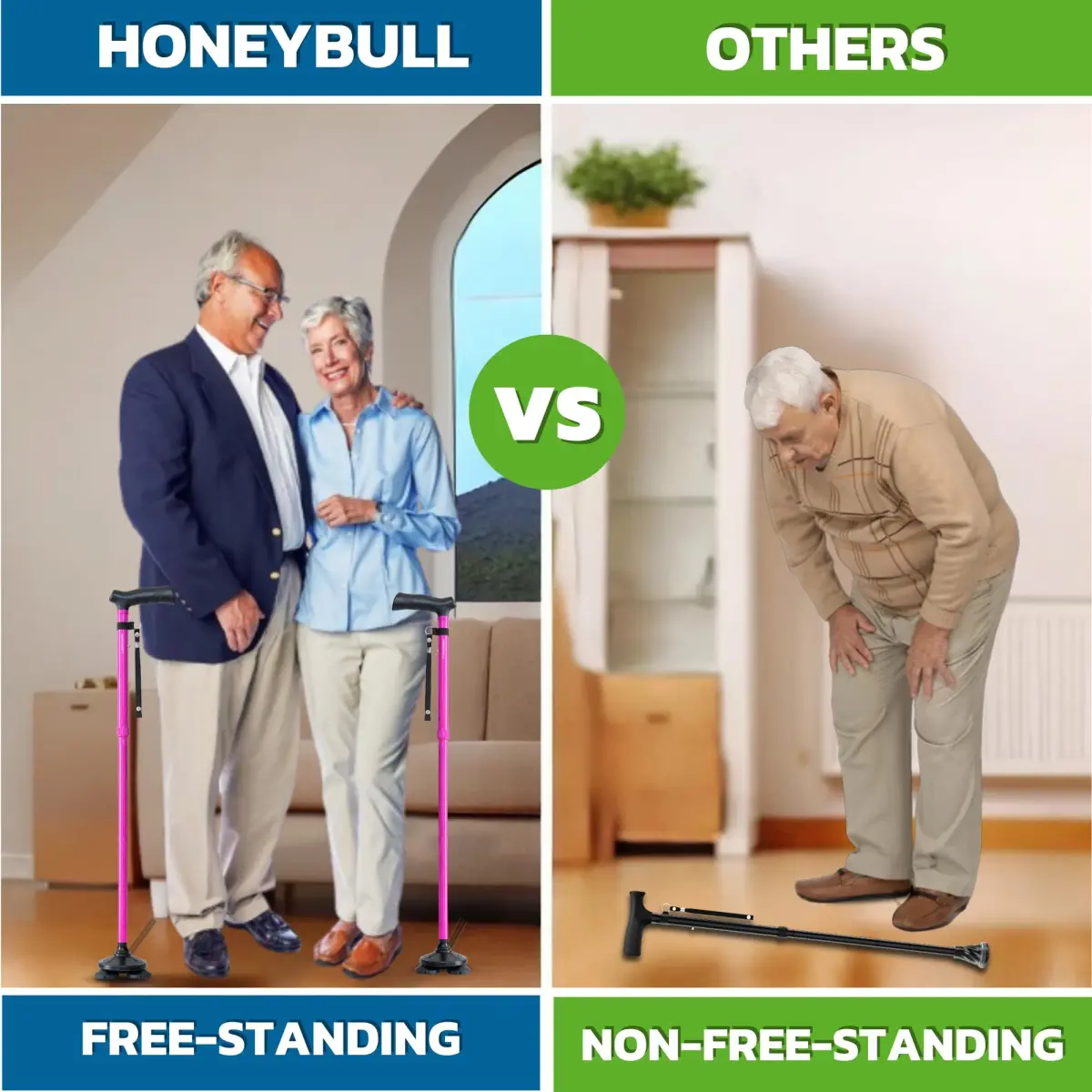 HONEYBULL Foldable Walking Cane with Free Standing Pivot Base, Adjustable Height 78-96cm (30-36 inches) | Supports Seniors and Adults - view 4