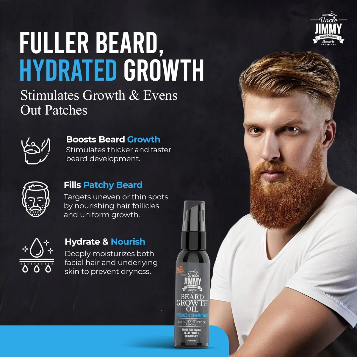 Uncle Jimmy Beard Growth Oil with Biotin | Natural Beard Care for Thicker, Fuller Beard | Men's Facial Hair Treatment for Grooming | Increases Thickness and Volume 2 Fl Oz - view 2