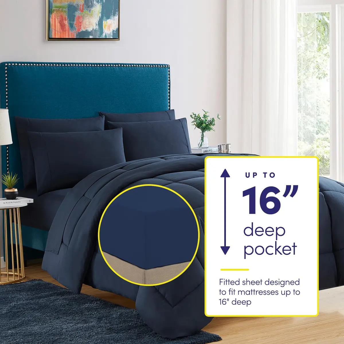Sweet Home Collection 7 Piece Comforter Set in Navy | All-Season Microfiber Bedding - view 2
