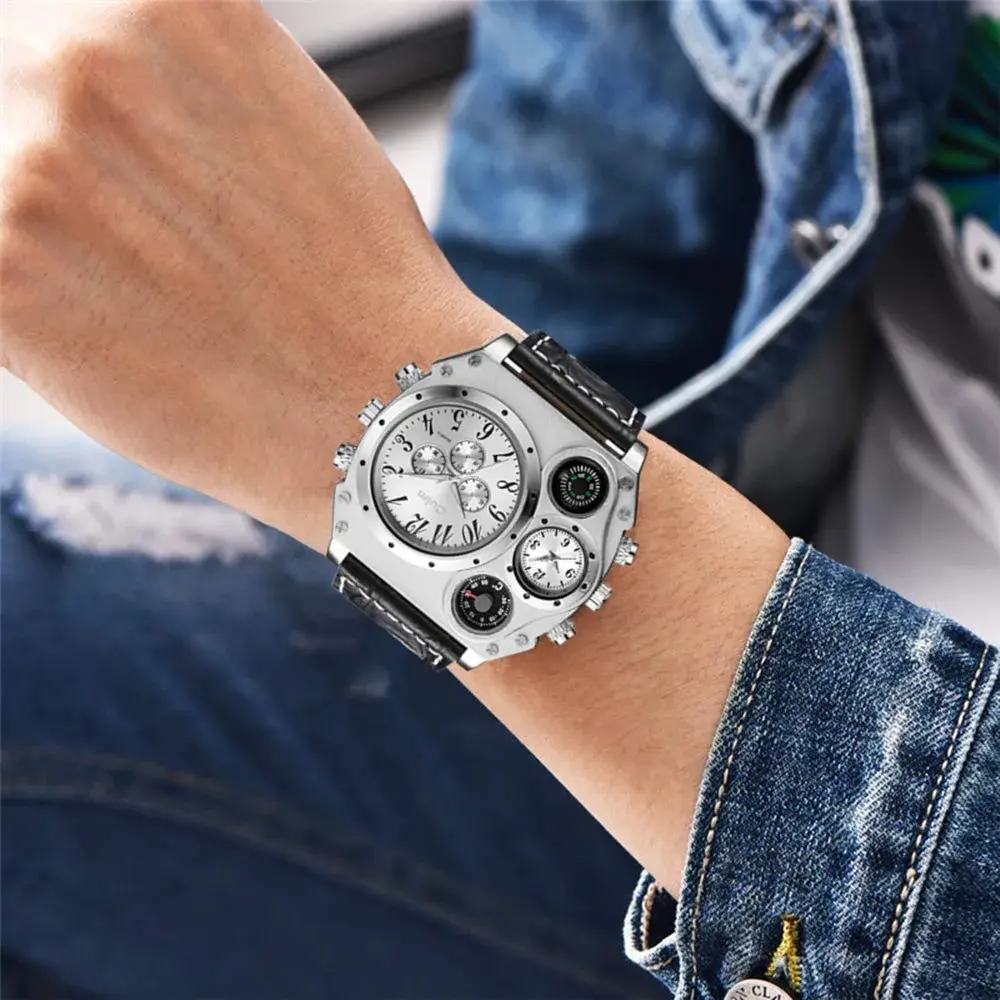 Avaner Men's Oversized Dual Time Zone Steampunk Leather Watch | 50mm Case, 27.5cm Length - view 3