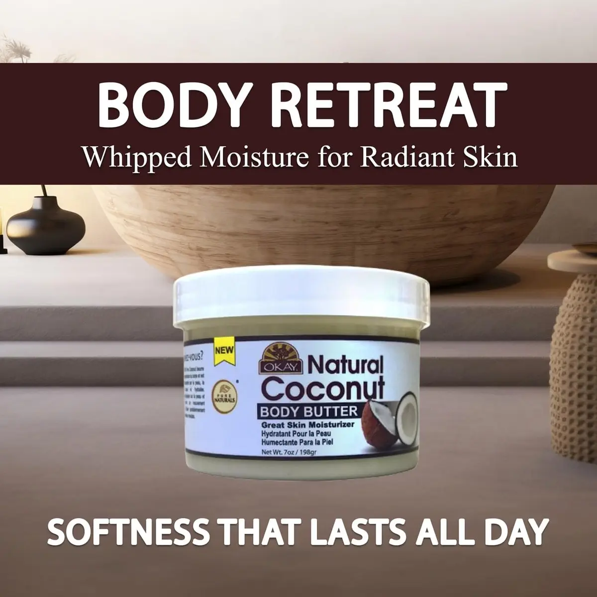 OKAY 100% Natural Coconut Butter for Skin and Hair 200ml (7 Oz) | Melts and Absorbs Easily - view 6