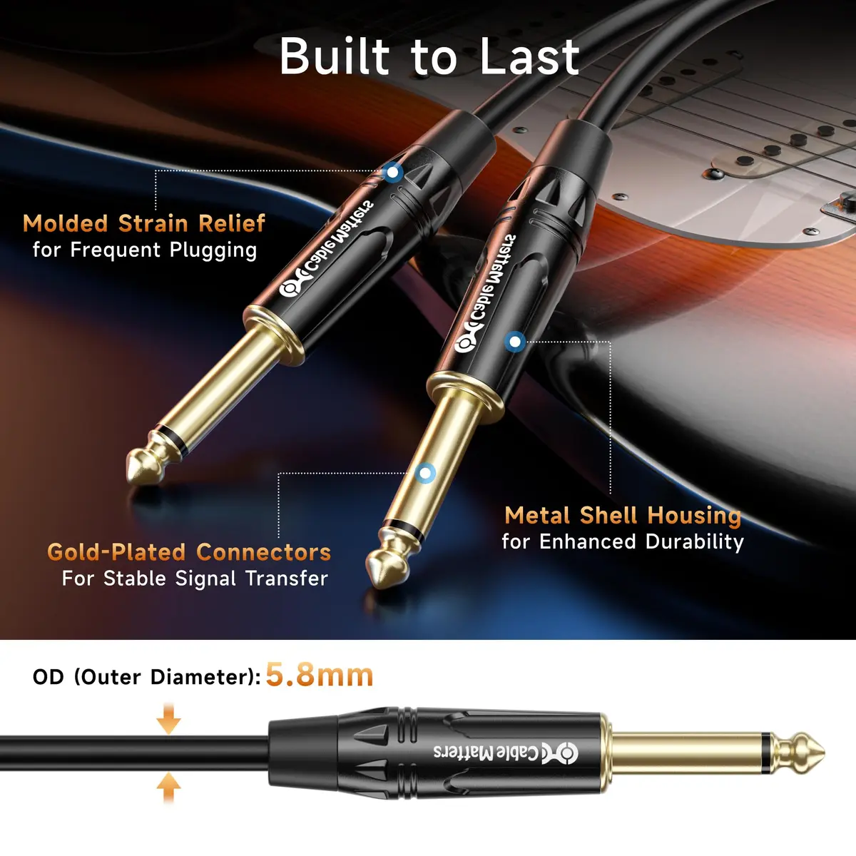 Cable Matters 2-Pack 3ft (0.91m) TS to TS Guitar Cable | Balanced Audio Cable for Instruments - view 6