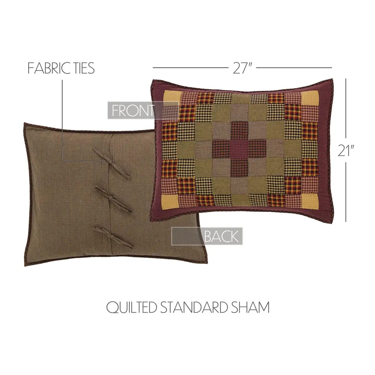 VHC Brands Heritage Farms Patchwork Pillow Sham, Standard, Burgundy Red | Rustic Country Style - view 2