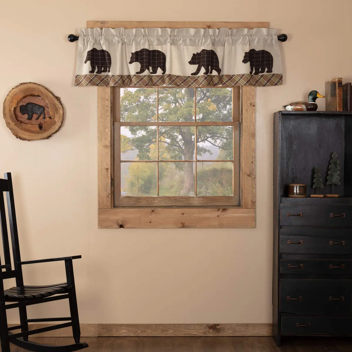 VHC Brands Kitchen Window Bear Curtain Valance, Tan, 16x72 | Rustic Plaid Light Filter with Bear Accents - main product image