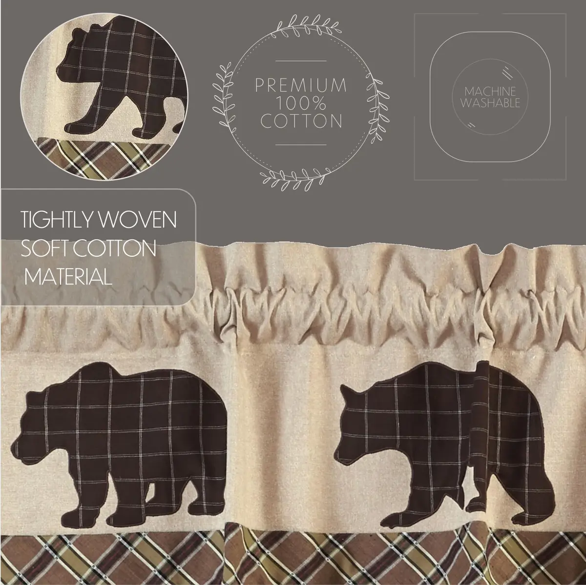 VHC Brands Kitchen Window Bear Curtain Valance, Tan, 16x72 | Rustic Plaid Light Filter with Bear Accents - view 5
