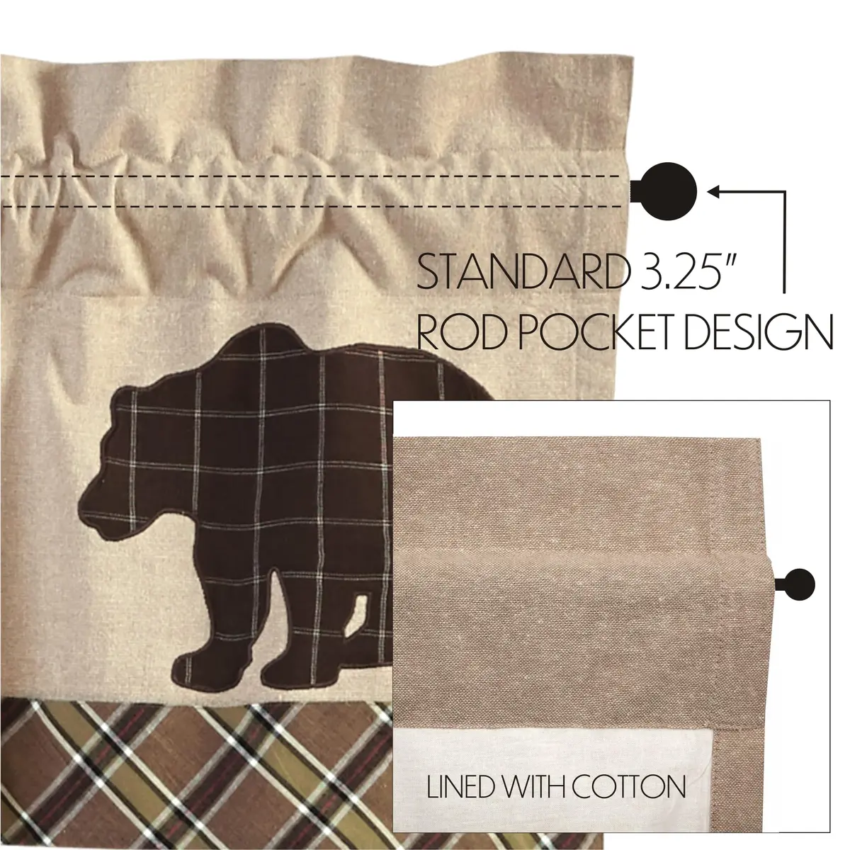VHC Brands Kitchen Window Bear Curtain Valance, Tan, 16x72 | Rustic Plaid Light Filter with Bear Accents - view 6