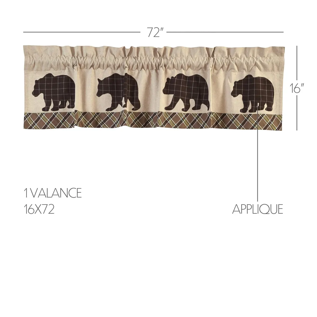 VHC Brands Kitchen Window Bear Curtain Valance, Tan, 16x72 | Rustic Plaid Light Filter with Bear Accents - view 2