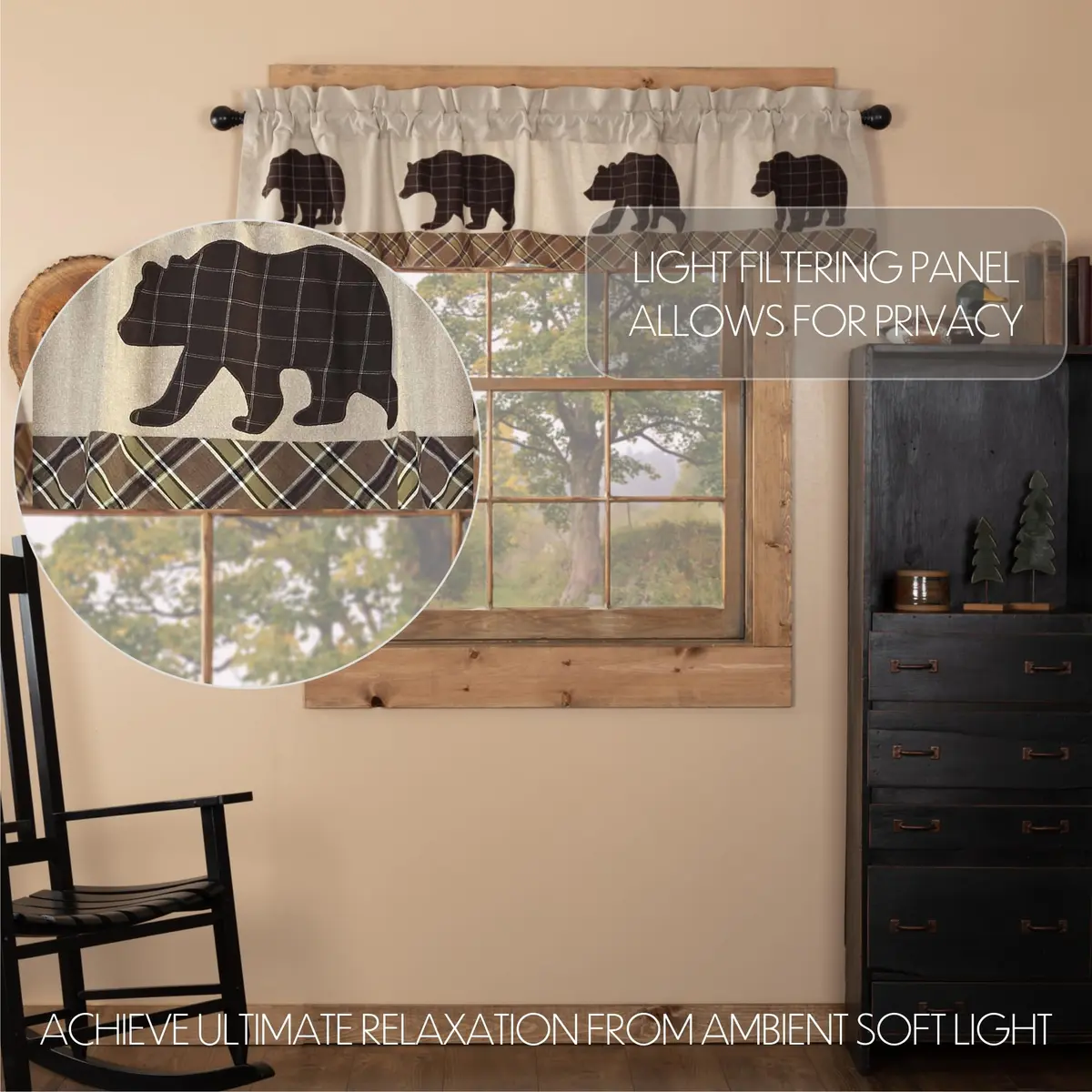 VHC Brands Kitchen Window Bear Curtain Valance, Tan, 16x72 | Rustic Plaid Light Filter with Bear Accents - view 3