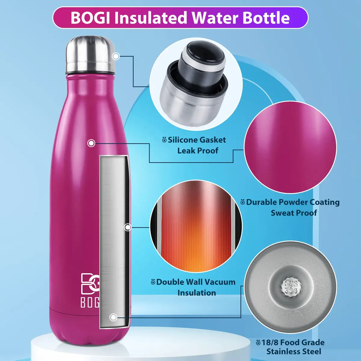 BOGI 17oz Insulated Water Bottle Double Wall Vacuum Stainless Steel Water Bottles | Leak Proof, Keeps Hot & Cold - view 3