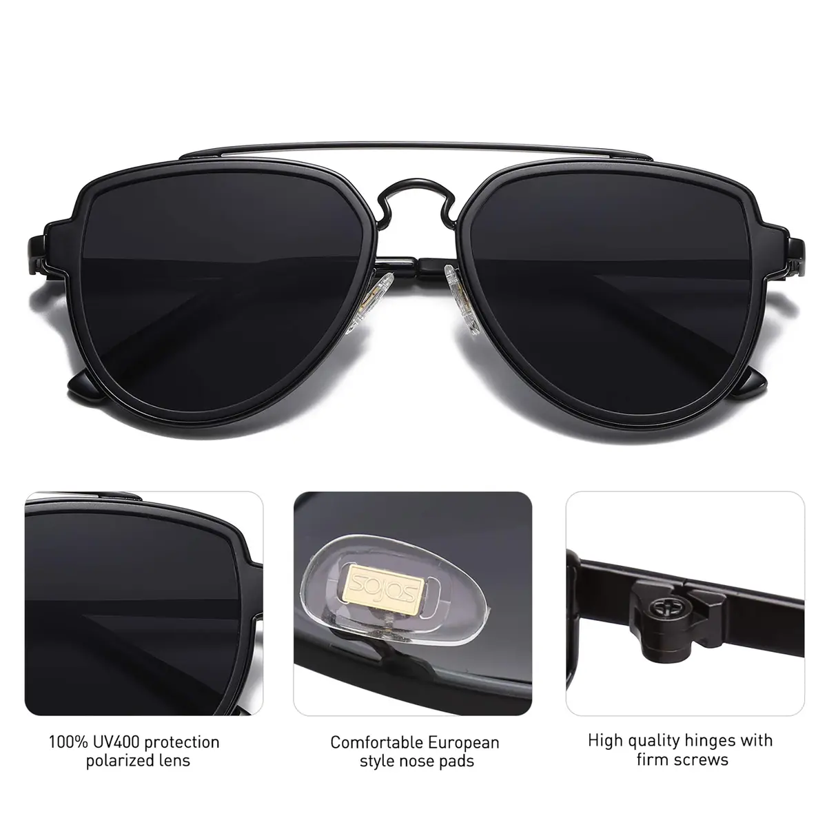 SOJOS Retro Polarized Double Bridge Sunglasses for Men Women SJ1051 | 63mm (2.48in) Lens Width - view 3
