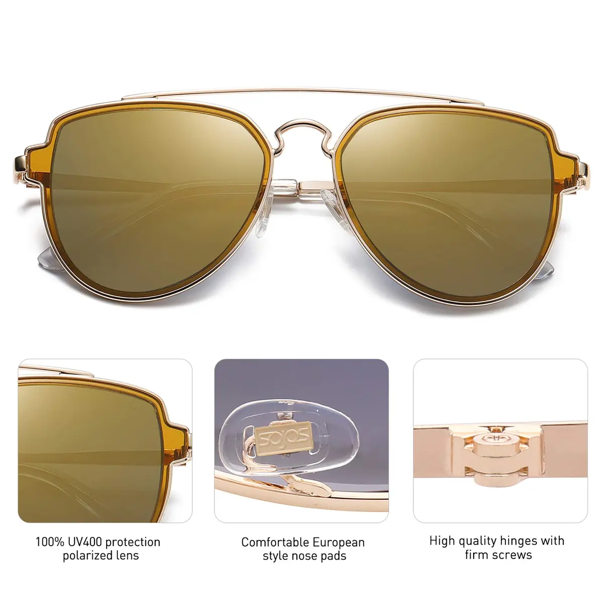 SOJOS Retro Polarized Double Bridge Sunglasses for Men Women Mirrored Lens with Gold Frame and UV400 Protection - view 3