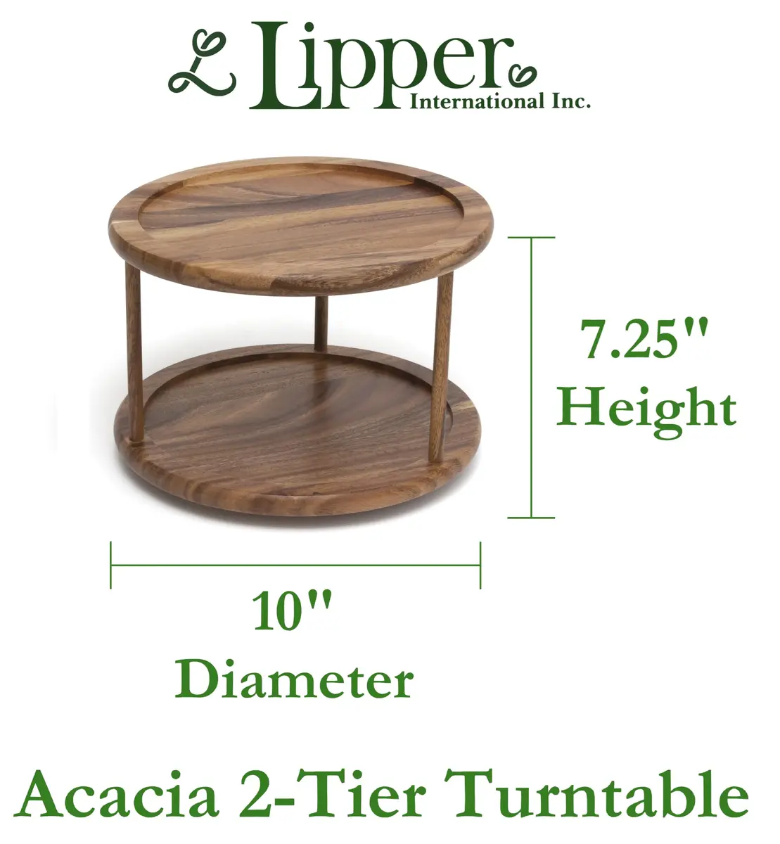 Lipper International 1302 Acacia Wood 2-Tier 10" Kitchen Turntable | Handcrafted Acacia, Rotates for Easy Access - view 2