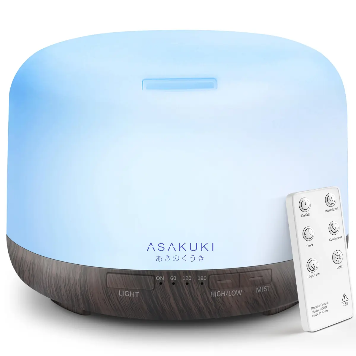 ASAKUKI 500ML Essential Oil Diffuser for Home, Brown | Ultrasonic Aromatherapy Humidifier with Remote Control & 7 Color LED Lights - main product image