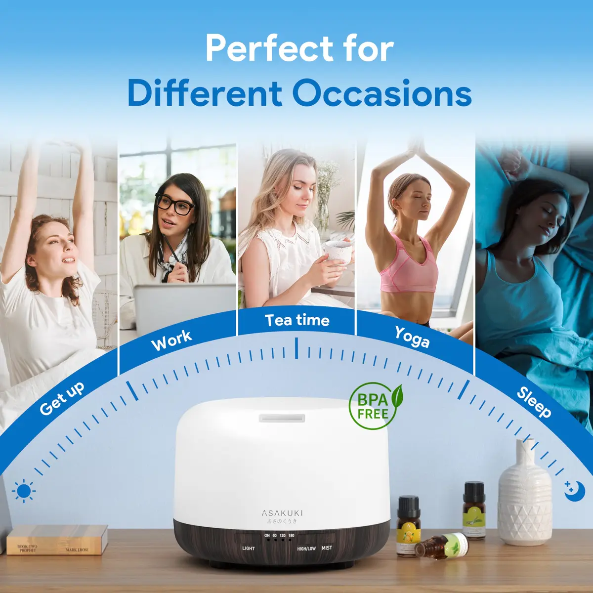 ASAKUKI 500ML Essential Oil Diffuser for Home, Brown | Ultrasonic Aromatherapy Humidifier with Remote Control & 7 Color LED Lights - view 5