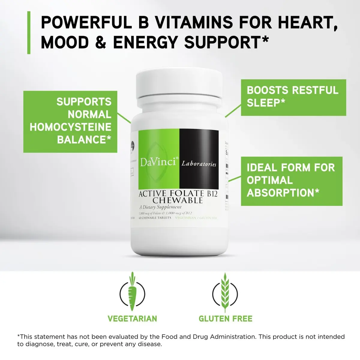DAVINCI Labs Active Folate B12 Chewable, 60 Chewable Tablets | Supports Heart, Nerves & Immunity - view 3