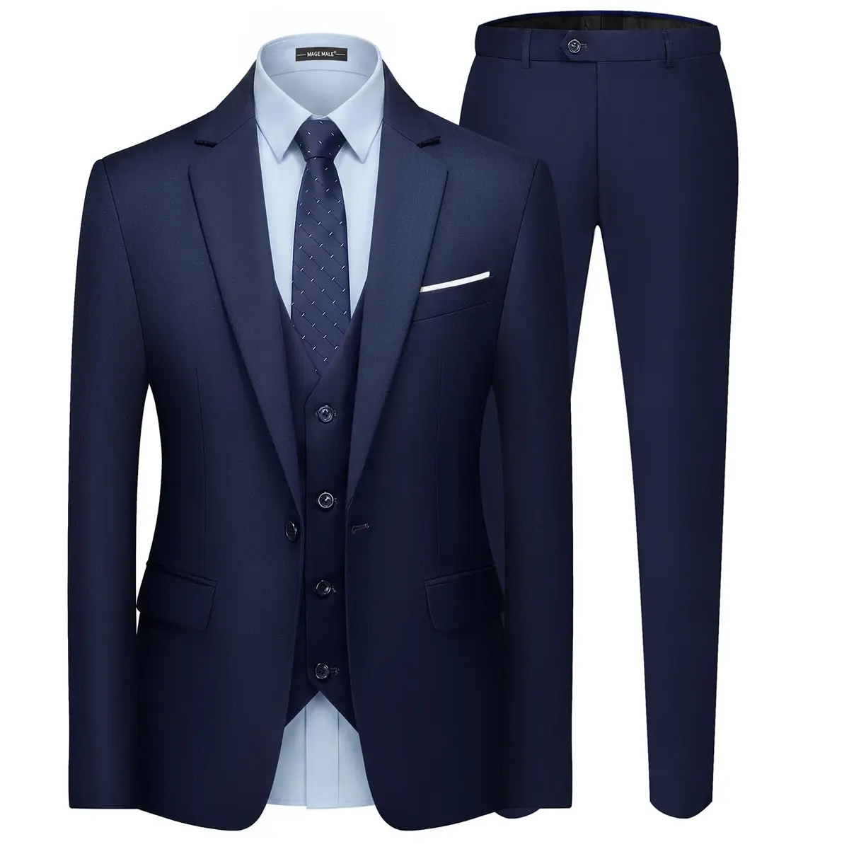 MAGE MALE Men's 3 Pieces Suit Navy Blue Slim Fit Single Breasted Blazer Vest Pants Set | Elegant Formal Wear - main product image