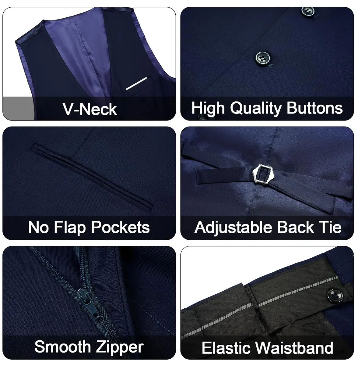 MAGE MALE Men's 3 Pieces Suit Navy Blue Slim Fit Single Breasted Blazer Vest Pants Set | Elegant Formal Wear - view 6