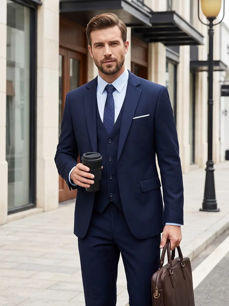 MAGE MALE Men's 3 Pieces Suit Navy Blue Slim Fit Single Breasted Blazer Vest Pants Set | Elegant Formal Wear - view 7